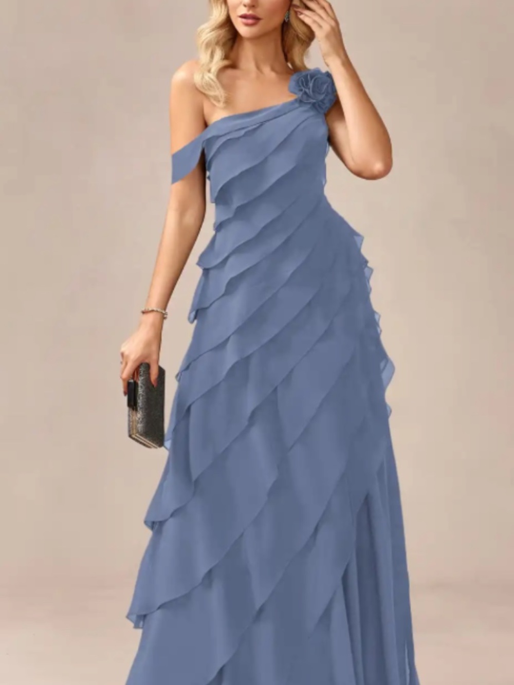 NWT - JJ's House Aphrodite Slate Blue One Shoulder Cascading Ruffles Chiffon Max